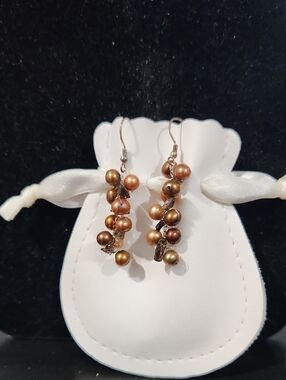 Vintage Bronze & Copper Pearl Cluster Dangle Earrings - Vintage